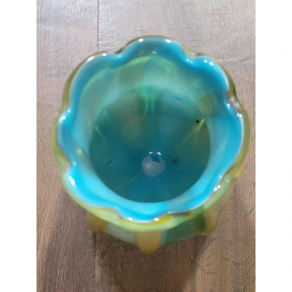 Vintage Art Glass Vase Swirl Green Yellow Iridescent Fluted Top Bud murano style
